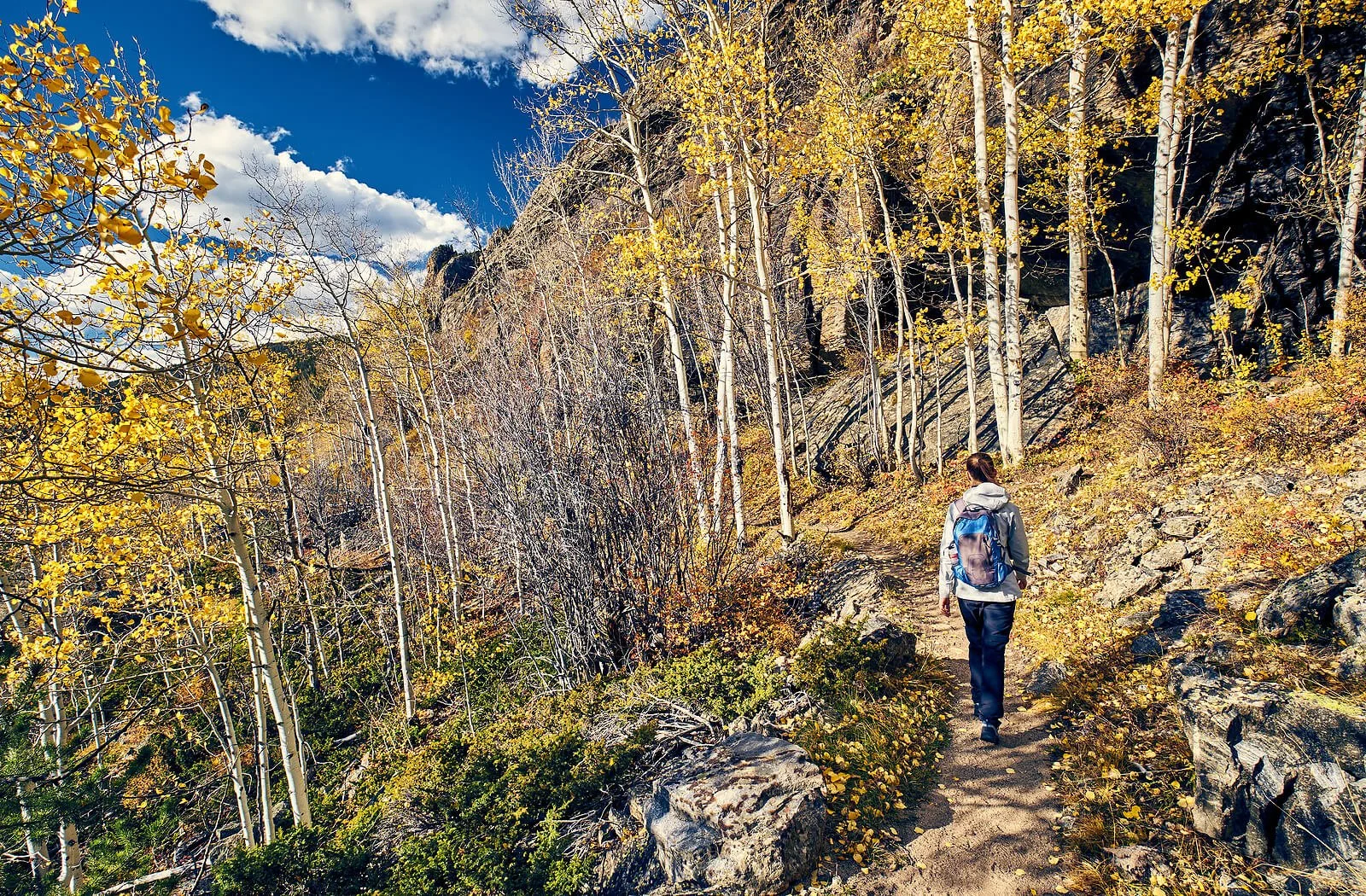  A woman walking along a hiking trail in Colorado. Showing the positive outcomes that come from brainspotting therapy and EMDR therapy in Denver. With support of a brainspotting therapist you can start to heal too. 
